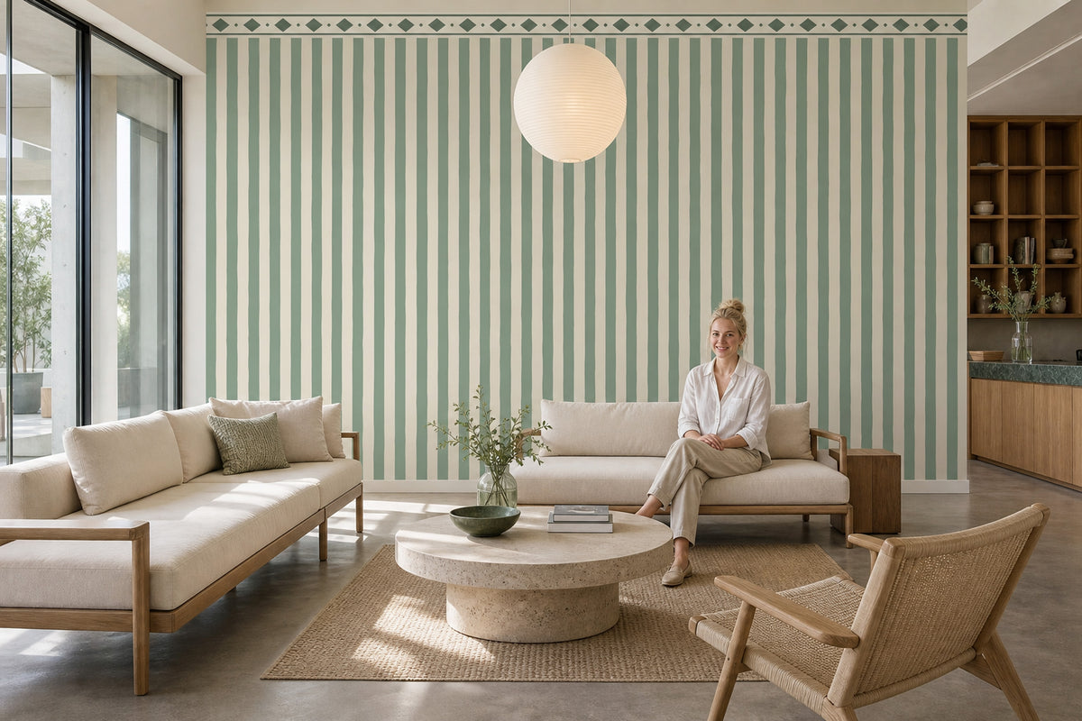 Sage Green Vertical Stripes Wallpaper Geometric Border Wall Mural