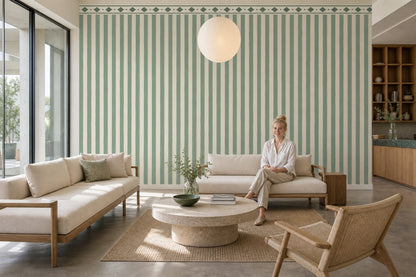 Sage Green Vertical Stripes Wallpaper Geometric Border Wall Mural