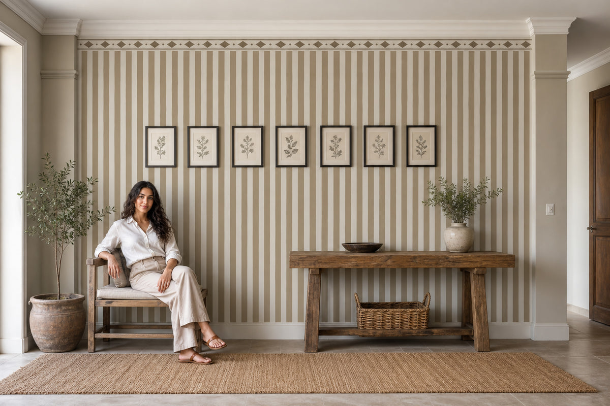 Diamond Trellis Stripes Wallpaper Neutral Border Wall Mural