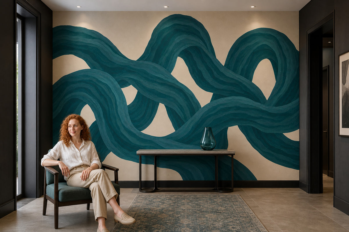 Teal Ribbon Abstract Wallpaper Flowing Curves Wall Mural