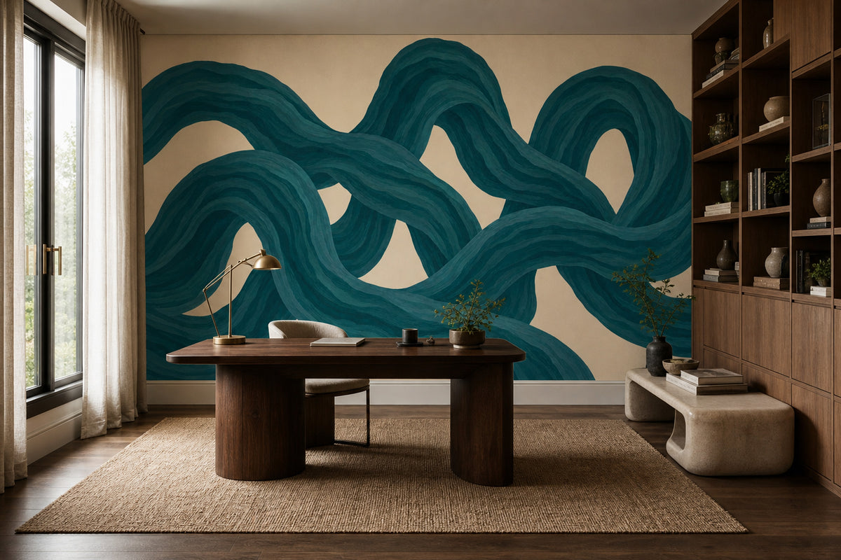 Teal Ribbon Abstract Wallpaper Flowing Curves Wall Mural