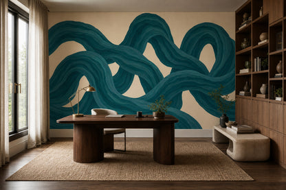 Teal Ribbon Abstract Wallpaper Flowing Curves Wall Mural
