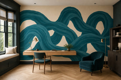 Teal Ribbon Abstract Wallpaper Flowing Curves Wall Mural