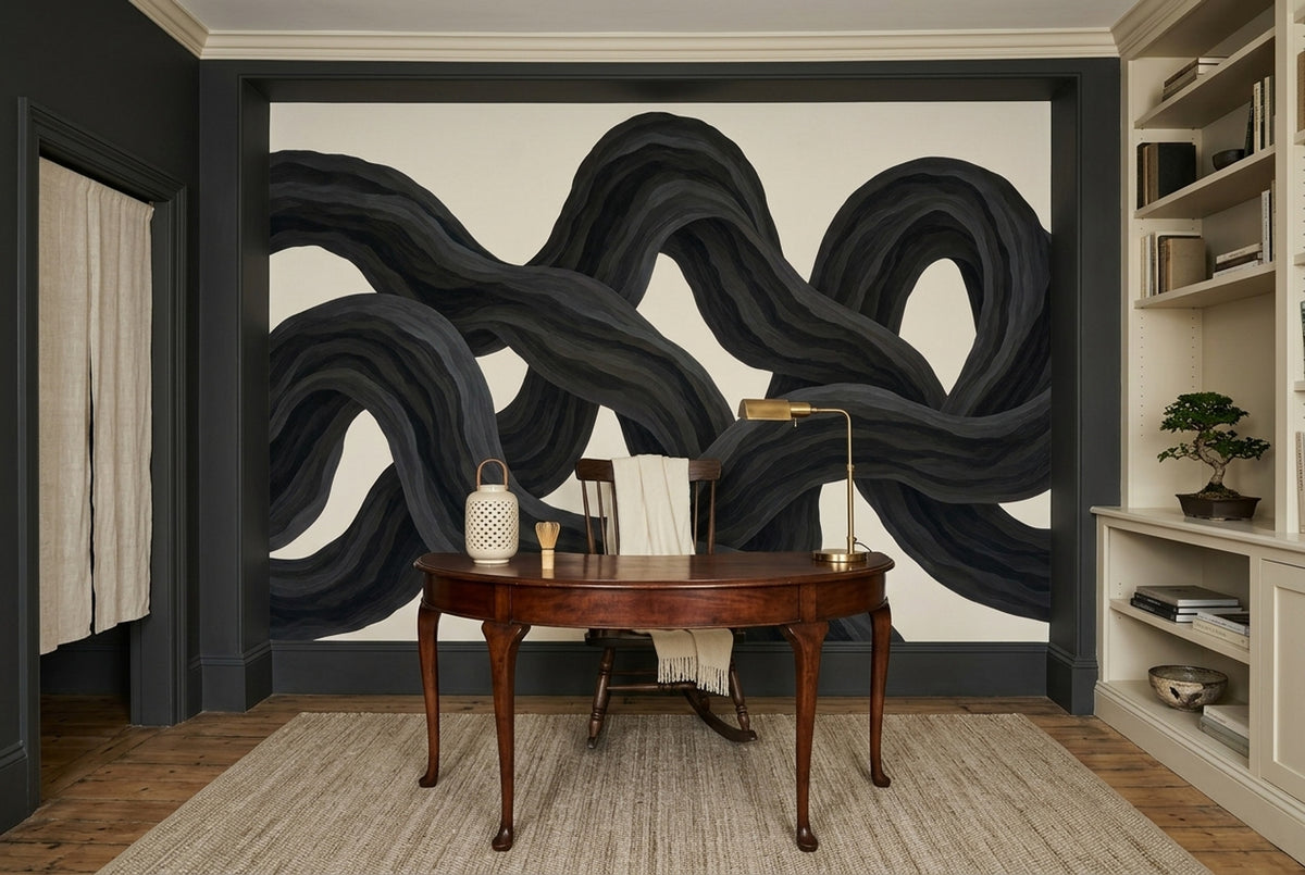 Black Ribbon Loops Wallpaper Organic Curves Wall Mural