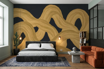 Intertwined Gold Ribbons Wallpaper Dark Wood Grain Wall Mural