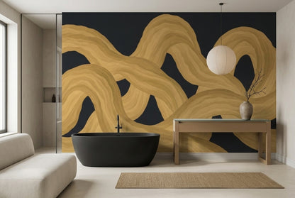 Intertwined Gold Ribbons Wallpaper Dark Wood Grain Wall Mural