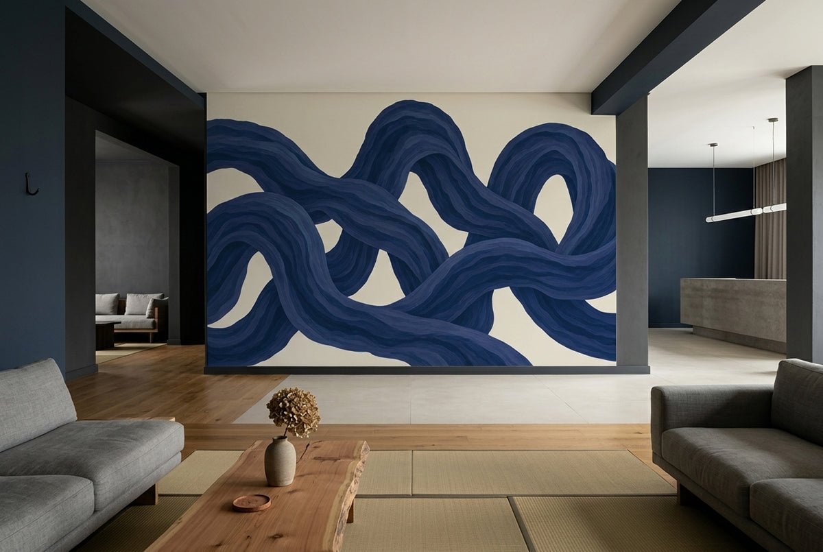 Looping Blue Ribbons Wallpaper Modern Painterly Wall Mural