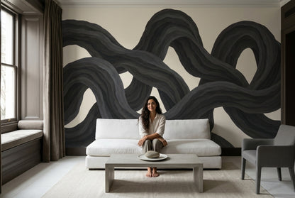 Black Ribbon Loops Wallpaper Organic Curves Wall Mural