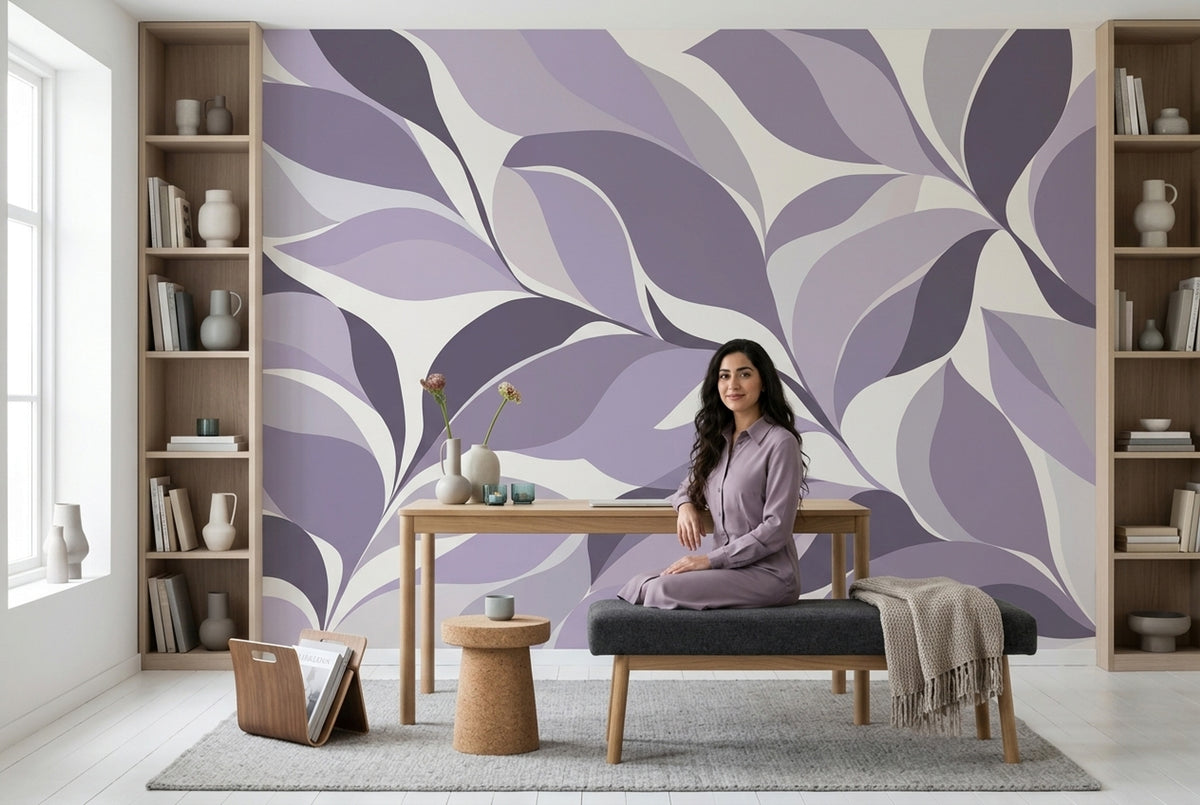Abstract Layered Leaves Wallpaper Purple Botanical Wall Mural