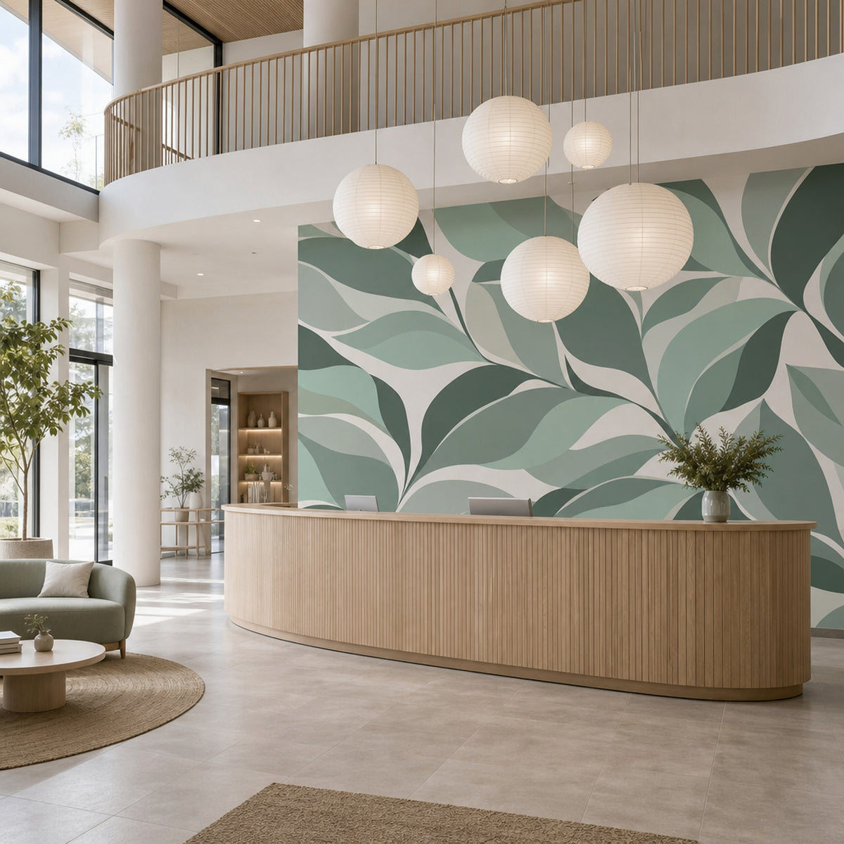 Abstract Leaf Forms Wallpaper Muted Green Wall Mural