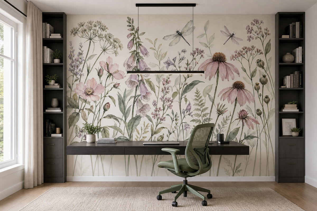 Wildflower And Dragonflies Wallpaper Watercolor Botanical Wall Mural
