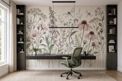 Wildflower And Dragonflies Wallpaper Watercolor Botanical Wall Mural