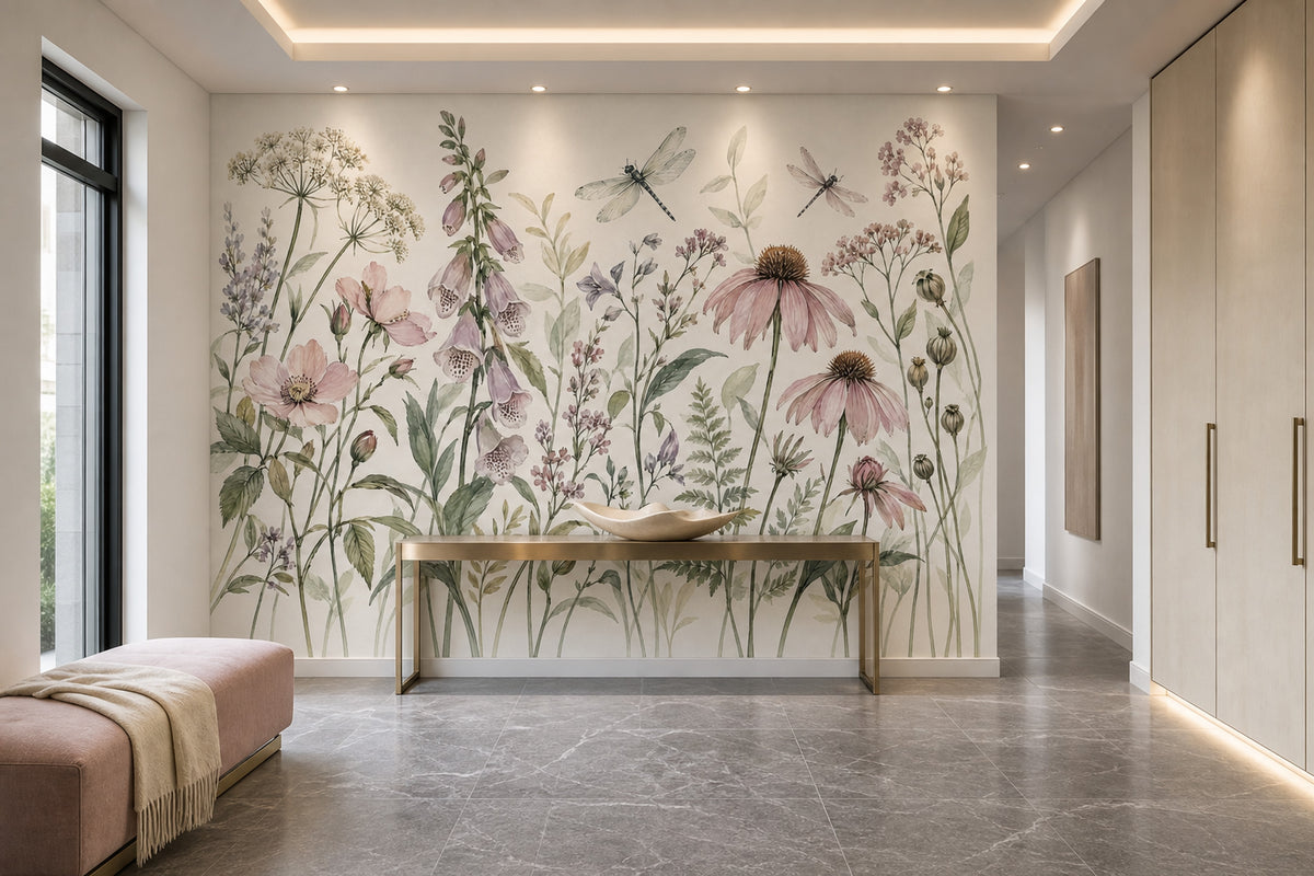 Wildflower And Dragonflies Wallpaper Watercolor Botanical Wall Mural