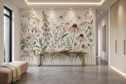 Wildflower And Dragonflies Wallpaper Watercolor Botanical Wall Mural