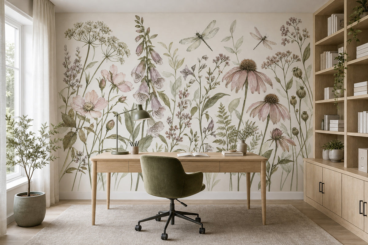 Watercolor Wildflowers Wallpaper Ivory Botanical Wall Mural