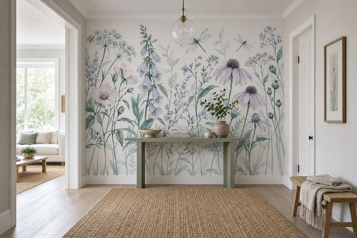 Watercolor Wildflowers Wallpaper White Background Botanical Wall Mural