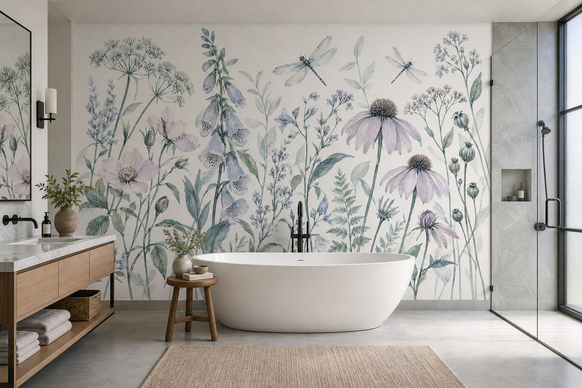Watercolor Wildflowers Wallpaper White Background Botanical Wall Mural