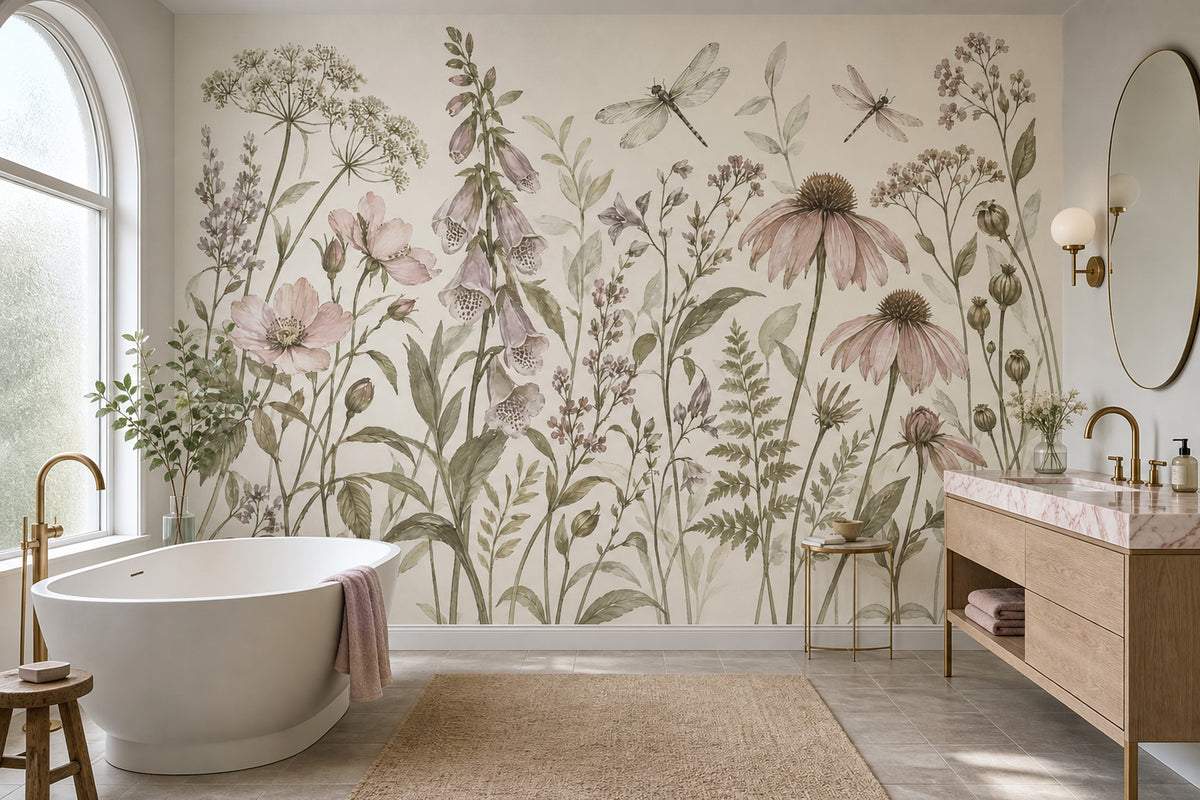 Watercolor Wildflowers Wallpaper Ivory Botanical Wall Mural