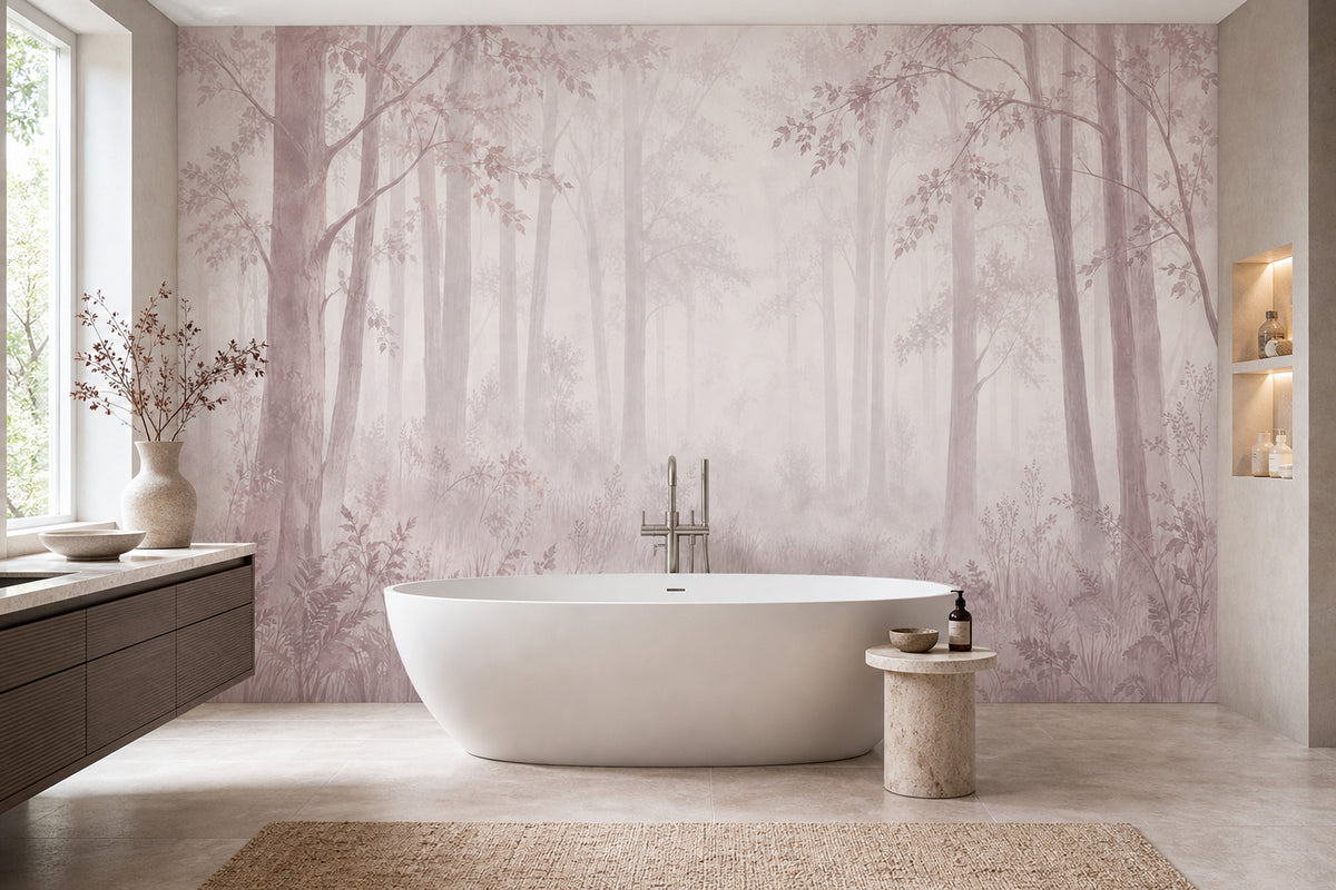 Misty Forest Trees Wallpaper Watercolor Landscape Wall Mural