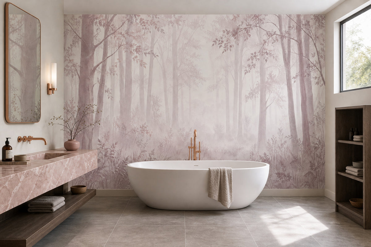 Misty Forest Trees Wallpaper Watercolor Landscape Wall Mural