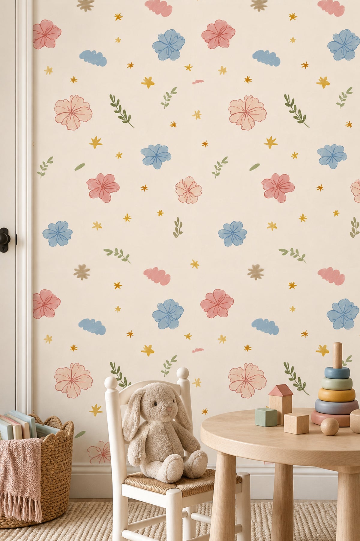 Hand Drawn Pastel Flowers Wallpaper Cream Background