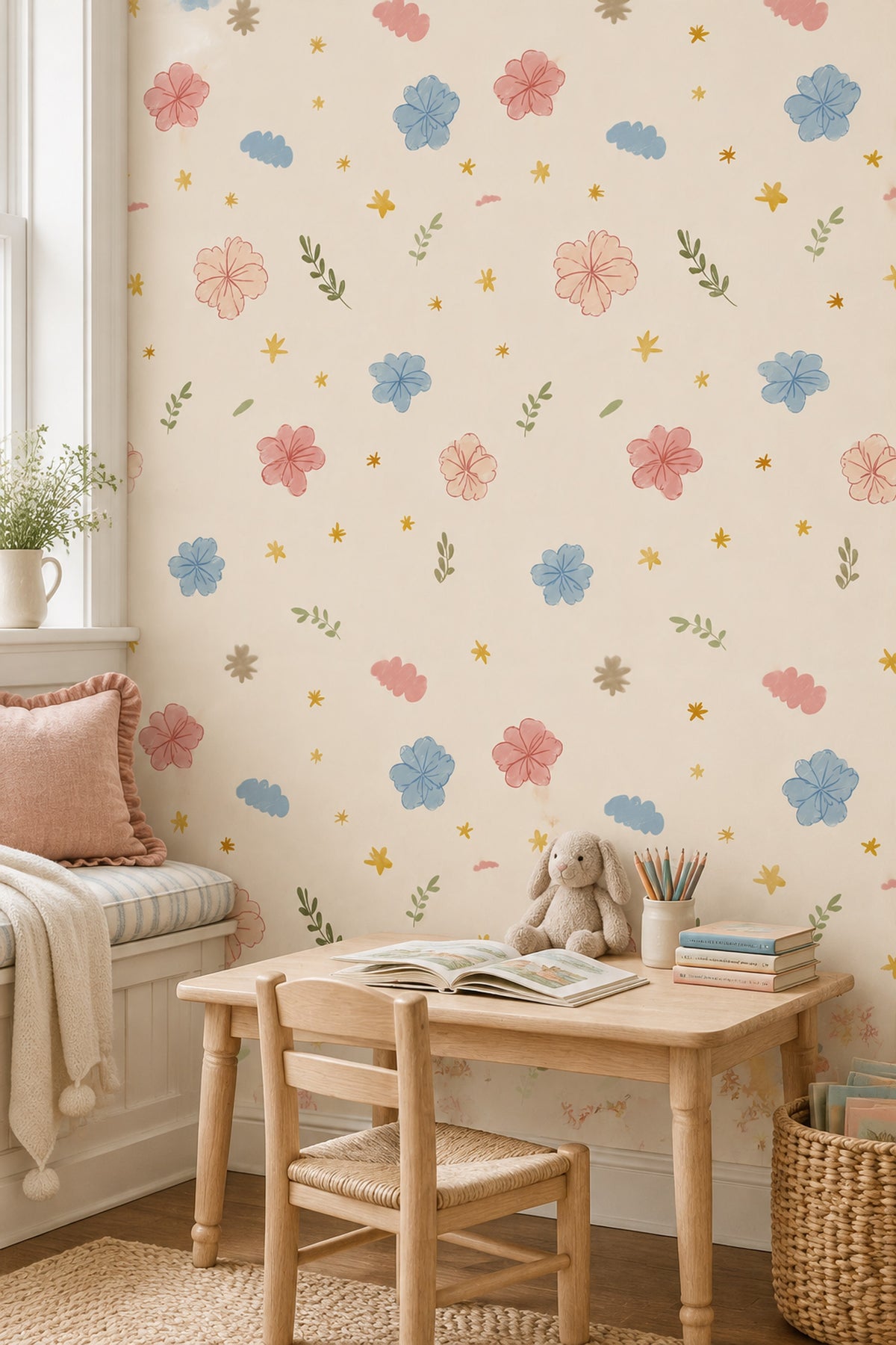 Hand Drawn Pastel Flowers Wallpaper Cream Background