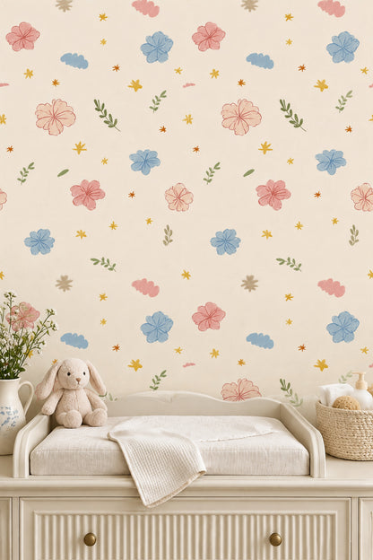 Hand Drawn Pastel Flowers Wallpaper Cream Background