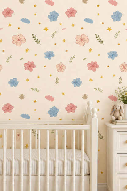 Hand Drawn Pastel Flowers Wallpaper Cream Background
