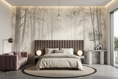 Misty Forest Trees Wallpaper Watercolor Woodland Wall Mural