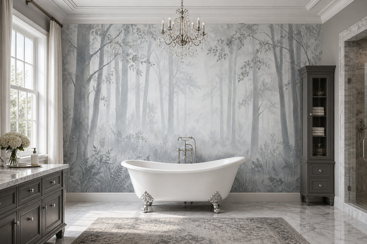 Misty Forest Trees Wallpaper Watercolor Landscape Wall Mural