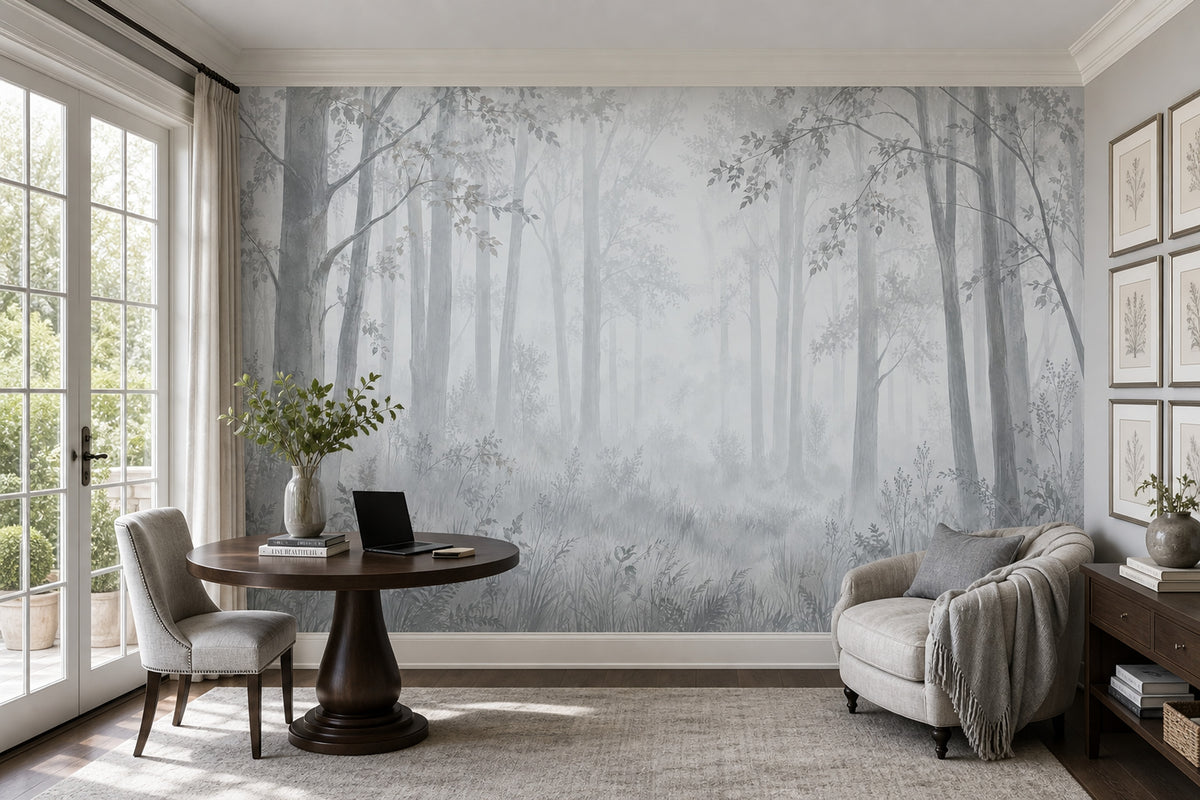 Misty Forest Trees Wallpaper Watercolor Landscape Wall Mural