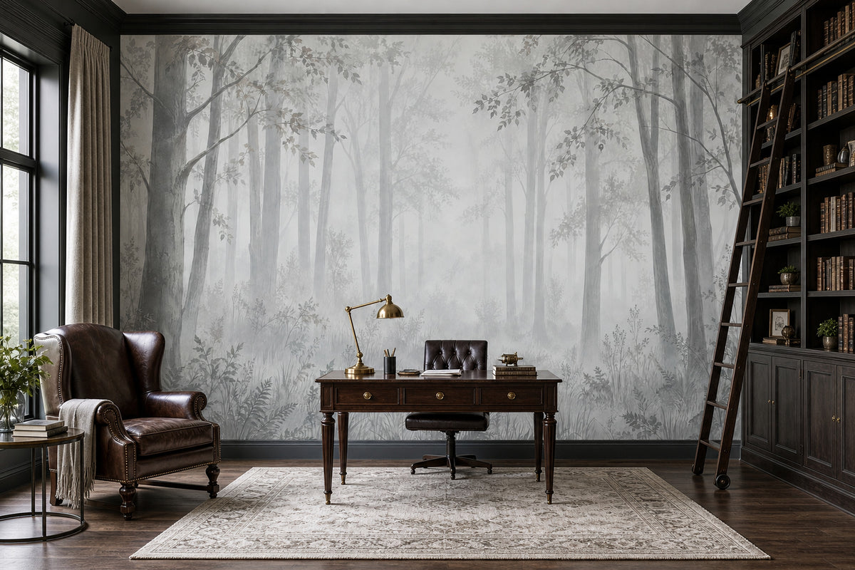 Misty Forest Trees Wallpaper Watercolor Landscape Wall Mural