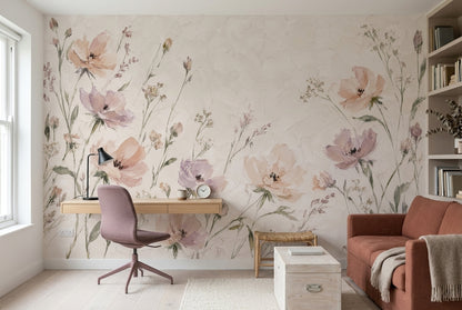 Pastel Wildflower Stems Wallpaper Muted Green Botanical Wall Mural
