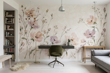 Pastel Wildflower Stems Wallpaper Muted Green Botanical Wall Mural