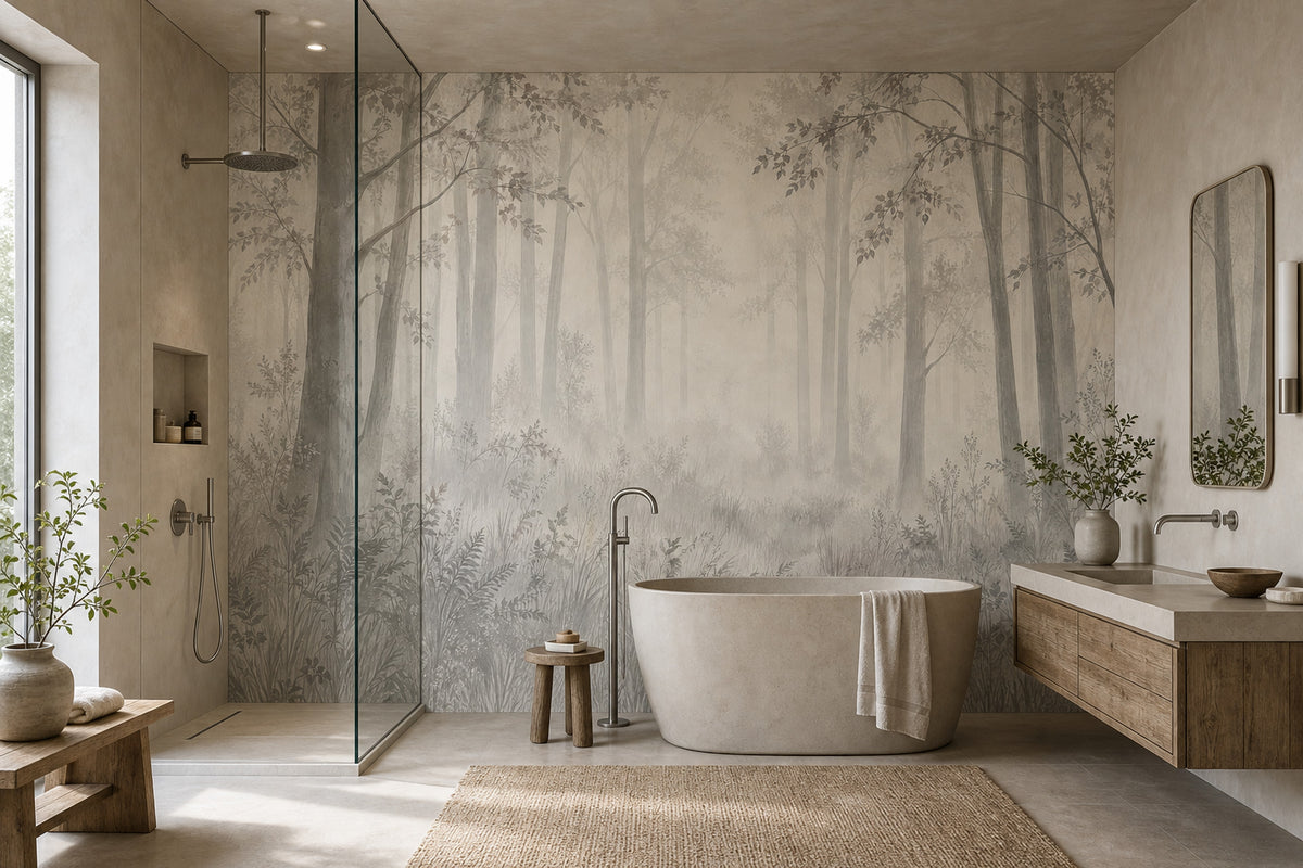 Misty Forest Trees Wallpaper Watercolor Woodland Wall Mural