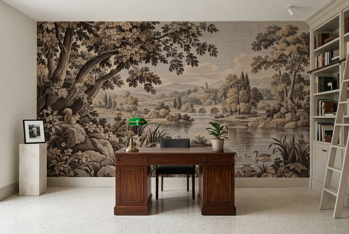 Sepia Swan Lake Wallpaper Engraved Vintage Wall Mural