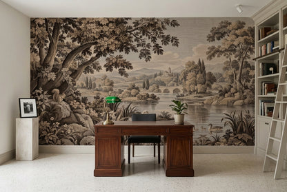 Sepia Swan Lake Wallpaper Engraved Vintage Wall Mural
