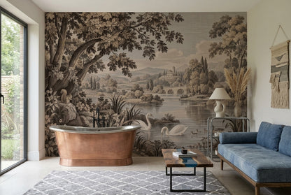 Sepia Swan Lake Wallpaper Engraved Vintage Wall Mural
