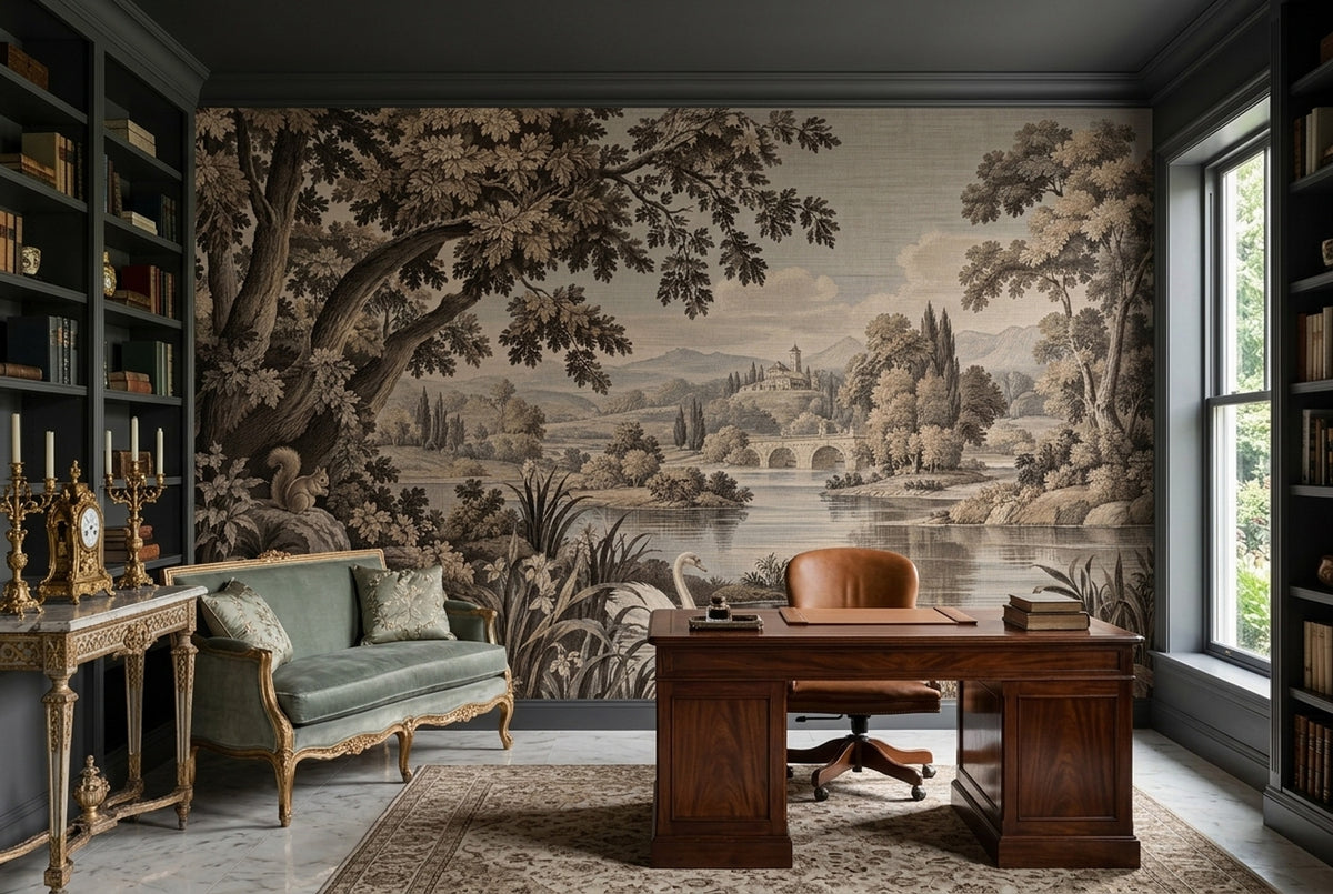 Sepia Swan Lake Wallpaper Engraved Vintage Wall Mural