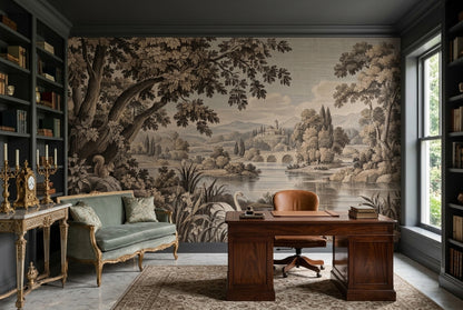 Sepia Swan Lake Wallpaper Engraved Vintage Wall Mural