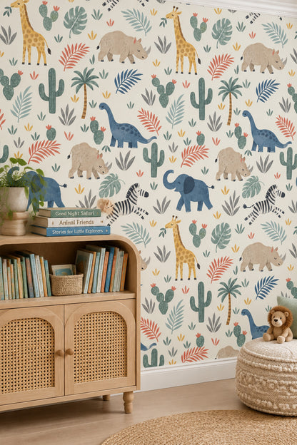 Safari Animals Wallpaper Tropical Leaves Pastel Cream