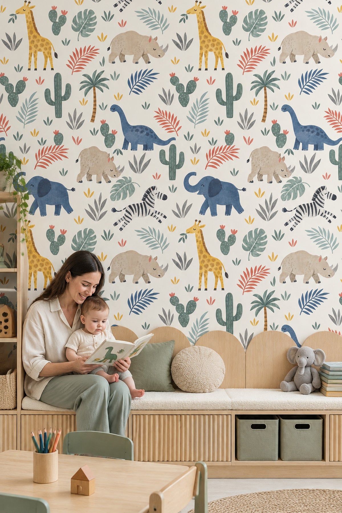 Safari Animals Wallpaper Tropical Leaves Pastel Cream