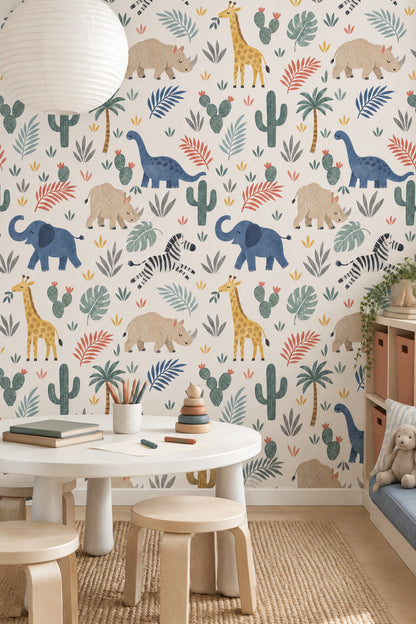 Safari Animals Wallpaper Tropical Leaves Pastel Cream