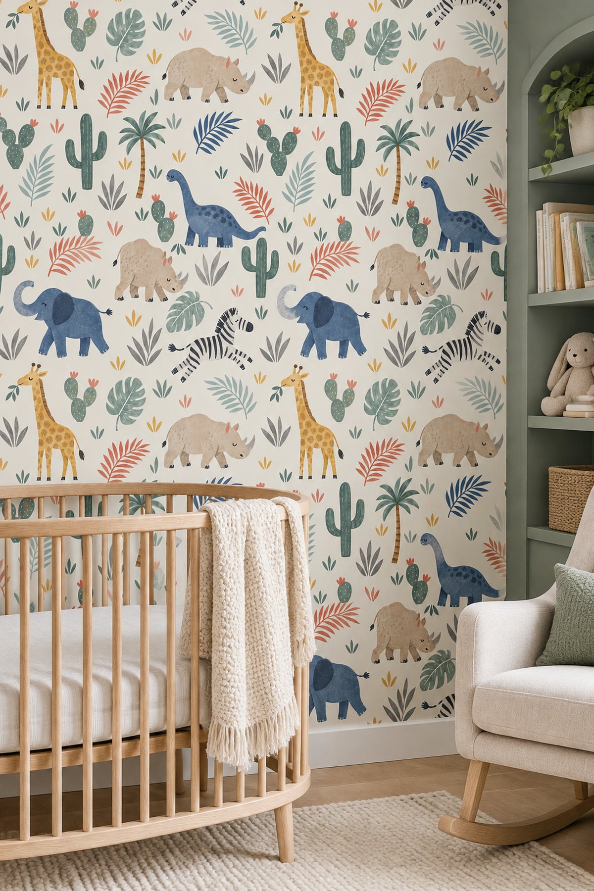 Safari Animals Wallpaper Tropical Leaves Pastel Cream