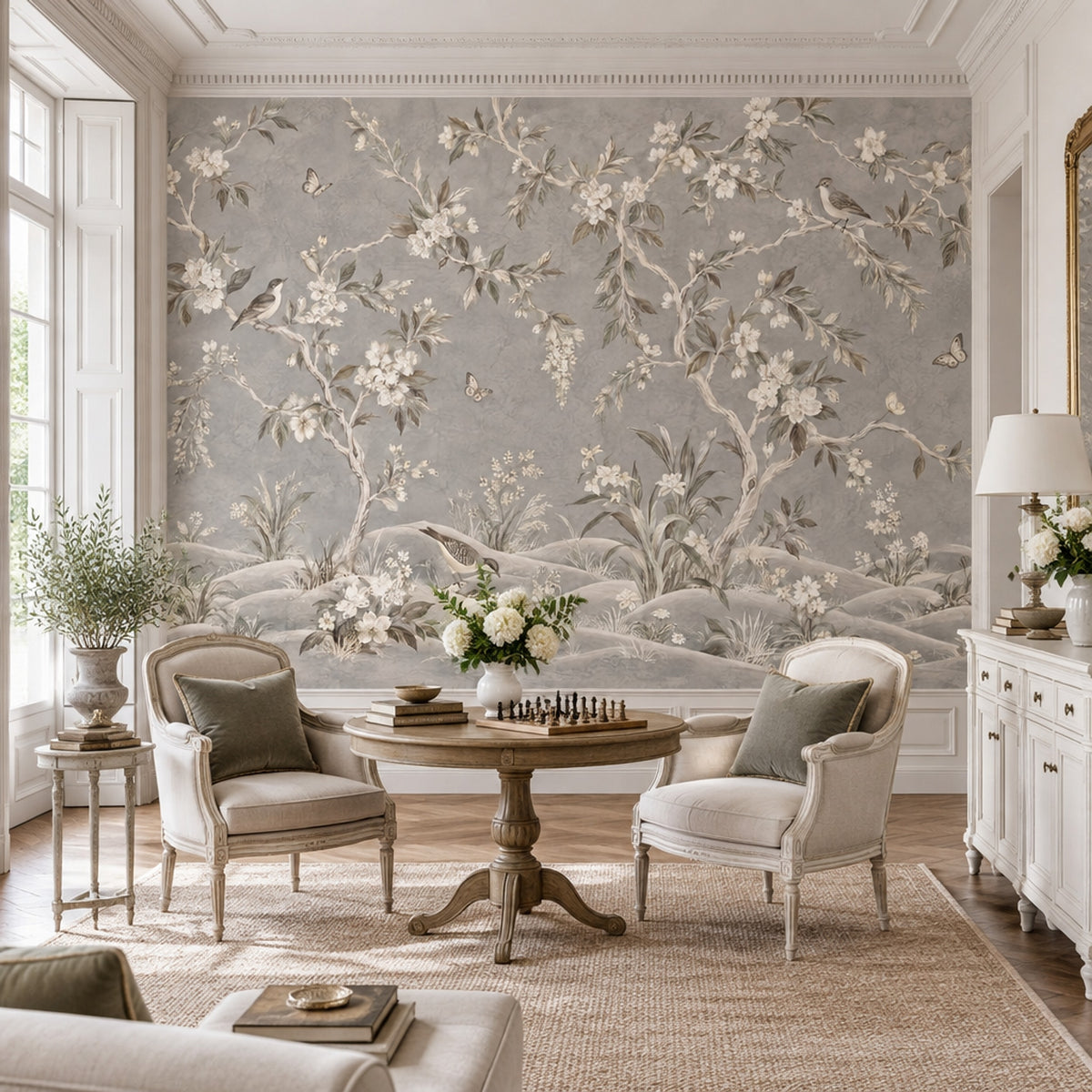 Blossom Branches And Birds Wallpaper Gray Chinoiserie Wall Mural