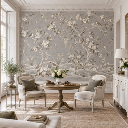 Blossom Branches And Birds Wallpaper Gray Chinoiserie Wall Mural