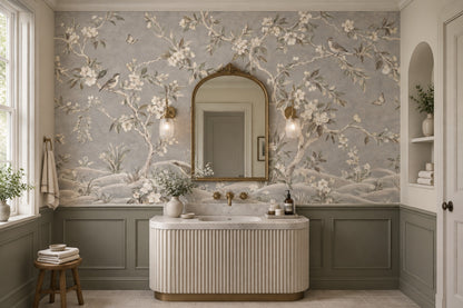 Blossom Branches And Birds Wallpaper Gray Chinoiserie Wall Mural