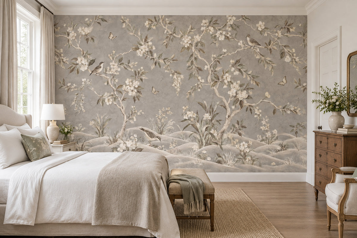 Blossom Branches And Birds Wallpaper Gray Chinoiserie Wall Mural