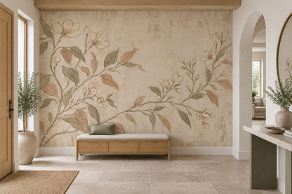 Vintage Botanical Branches Wallpaper Beige Textured Wall Mural