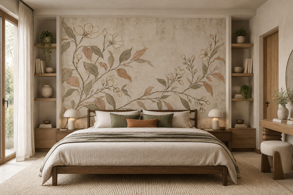 Vintage Botanical Branches Wallpaper Beige Textured Wall Mural